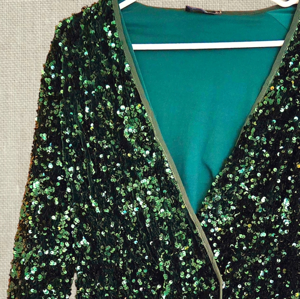 Deep Forest Green Sequined Jacket / Mini Wrap Dre… - image 5